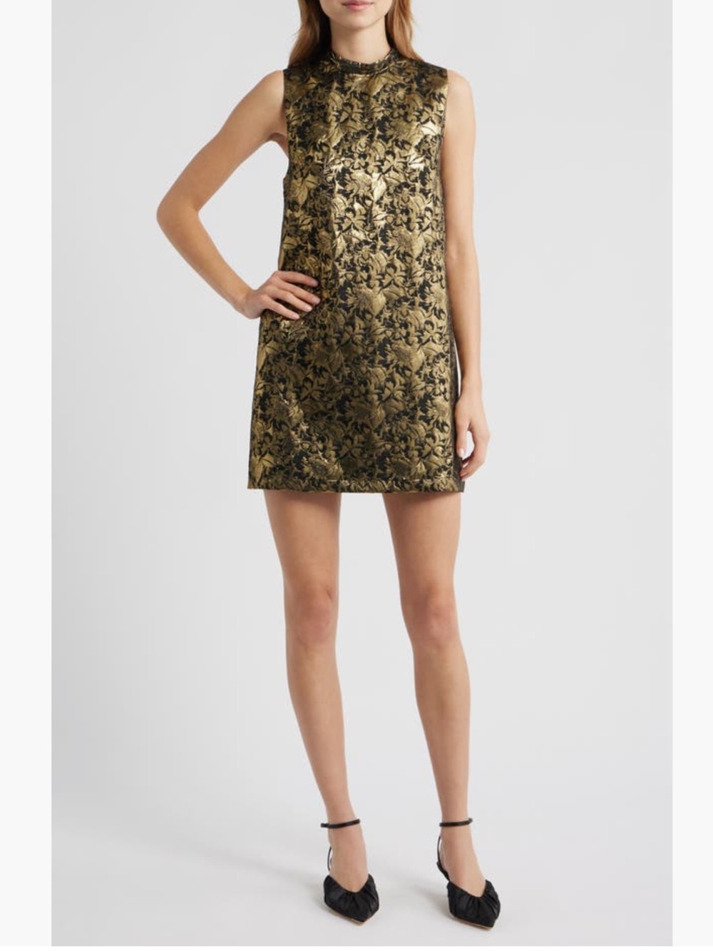 NWT Sister Jane Memoria Metallic Gold Black Floral Jacquard Shift Dress Small